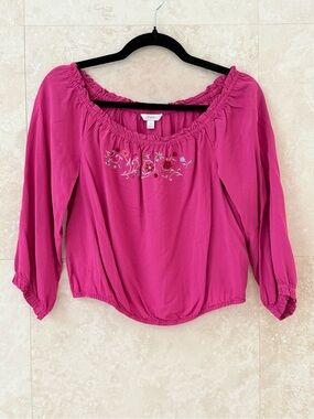 Candie’s Y2K Off Shoulder Peasant Top Small Pink Embroidered Boho Crop Blouse